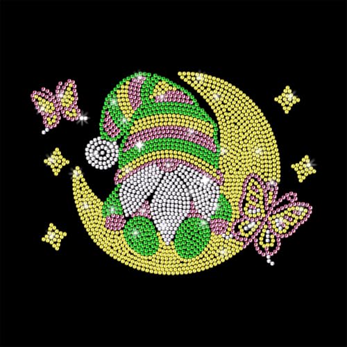 1 Pc Moon Gnome Elf Rhinestone Iron on Hotfix Transfer Decal, Bling DIY Patch Clothing Repair Applique T-Shirt Vest Shoes Hat Jacket Decor Clothing DIY Accessories - style: Gnome Moon Star
