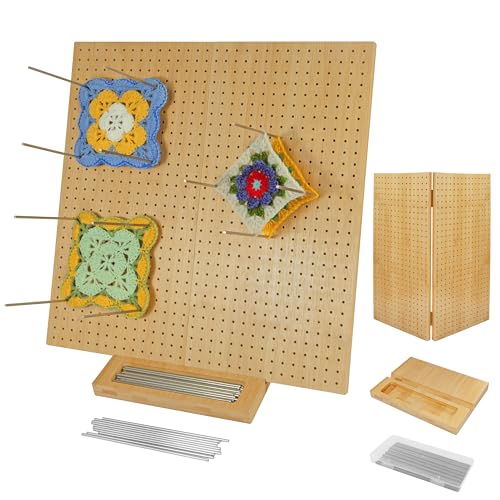 15.5" x 15.5"Foldable Crochet Blocking Board with Pins,Granny Square Blocking Board,Blocking Mats for Knitting with 35 5.9"Stainless Steel Rod Pins,Bamboo Crocheting Accessories Gifts for Crocheters
