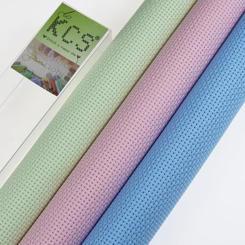 KCS 3 pc of 15" x 18"(38cmx45cm) Counted Cross Stitch Cotton Aida Cloth Needlework Rolled Fabric Box,11CT,Light Blue+Pink+Light Green - color: Light Blue+pink+light Green, size: 11CT