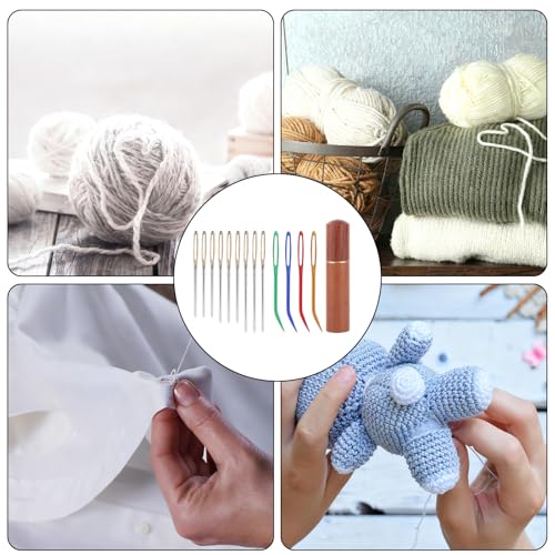 13pcs Large Eye Sewing Needles Kit, Stainless Steel Blunt & Bent Tapestry Needles with Wooden Case for Weaving Crochet Darning Yarn & Embroidery Knitting Crafts Projects Supplies Accessories