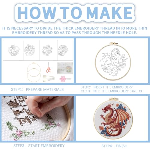 FREEBLOSS 4 Sets 11.6" Embroidery Kit for Beginners Dragon Stamped Patterns - style: Dragon