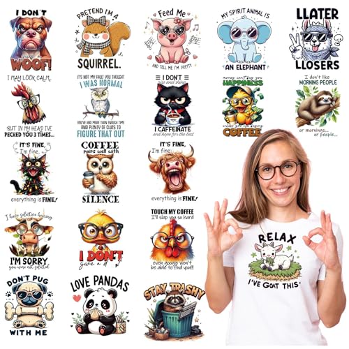 20 Pcs Funny Animal DTF Transfers Ready to Press Iron on Patches - color: Funny Animals