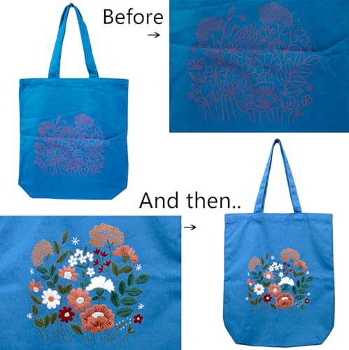 CREAWONDER Canvas Tote Bag Embroidery Kit with Pattern for Beginners, Arts and DIY Embroidery Crafts Kits for Adults, Include Instructions, Thimble, Embroidery Hoops, Color Threads and Tool - color: CR002 huaguangpianran darkblue