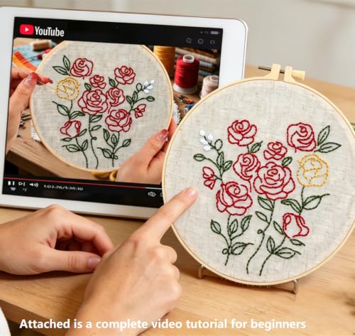 Vintage Flowers Embroidery Kits for Beginners Adults, Easy Hand Embroidery Starters Kits, Floral Cross Stitch Kits DIY Needlepoint Kits for Beginners Adult, Embroidery Hoop, Thread and Video Tutorial - color: H2105