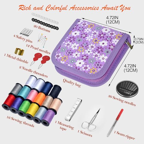 Sewing Kit Gifts for Grandma, Mom, Friend, Traveler, Adults, Beginner, Emergency,Sewing Supplies Accessories with Scissors,Sewing Needles Thimble, Thread,Tape Measure etc(Wildflower Purple, S) - color: Wildflower purple, size: 1 Pack