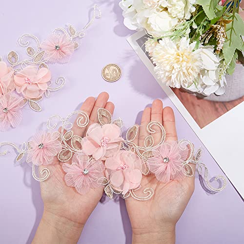 NBEADS 2 Pcs 3D Flower Lace Applique with Rhinestone, Pink Flower Lace Patches Floral Embroidered Appliques Ornaments Sew on Patches for DIY Clothing Wedding Dressing Decoration - color: Pink Flowers with Rhinestone-2 Pcs