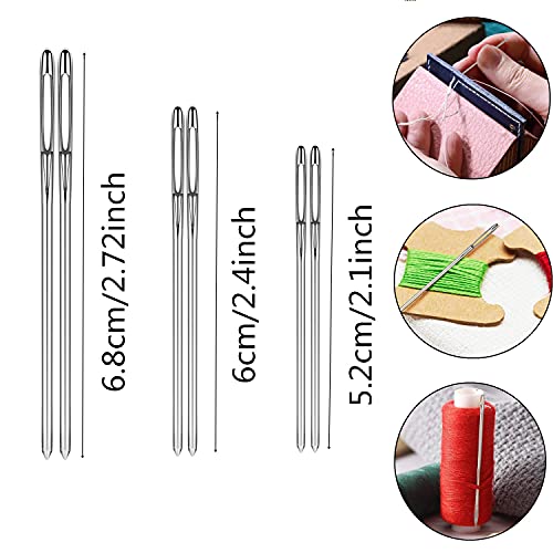 Fbshicung 24 Pieces Self Threading Needles Double Hole Needles, 6 Pieces Large Eye Stitching Needles Sewing Needles with 2 Pieces Wooden Needle Case Carving Pattern Case for Sewing Embroidery