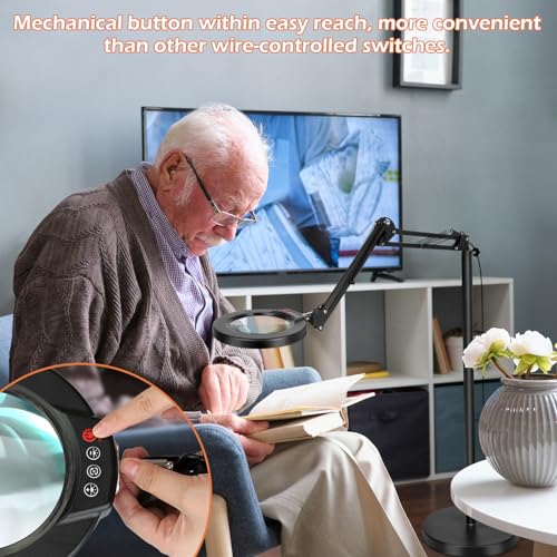 Real Glass Magnifying Glass with Light and Stand, LED 5 Color Modes, Stepless Dimmable Magnifying Floor Lamp, 3-in-1 Adjustable Swing Arm Lighted Magnifier Lamp with Clamp for Reading, Craft - Black - color: Black