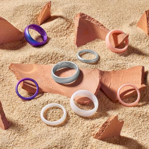 Egnaro Women's Silicone Wedding Ring 2.5mm Wide 1.8mm Thick Rubber Band Set - color: SETA2-Bright Galaxy,Metallic Silver,Bright Pearl,Light Rose Gold,Matte Galaxy,Metallic Silver,Matte Pearl,Light Rose Gold