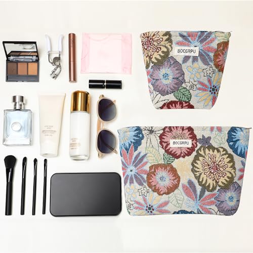 2 PCS Makeup Bag Set Cute Small Cosmetic Bag for Purse - color: Flower Garden White