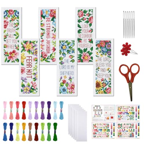 FREEBLOSS 6 Set Cross Stitch Bookmark Kits Flowers Pattern with Inspirational Words Stamped Cross Stitch Kit 11CT Embroidery Kit with Instructions for Beginners 20x6cm/8x2.4inch