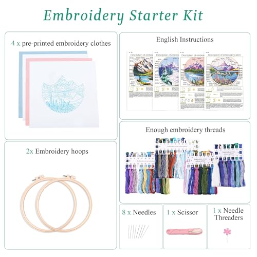 Harimau Adult Beginner Embroidery Starter Kit, Complete Set with 4 Patterns, 2 Hoops, Needles, Scissors, Instruction Guide & Stitching Video Tutorials - color: Mountain
