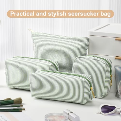 Sanwuta 4 Pcs Seersucker Pouch Striped Makeup Bag Set, Light Green - color: Light Green