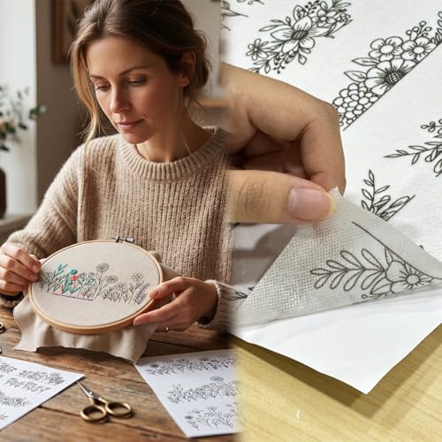Water Soluble Embroidery Patterns 3 Sheets Stick and Stitch Stabilizer with Pre Printed Floral Flower Leave Designs for Hand Sewing