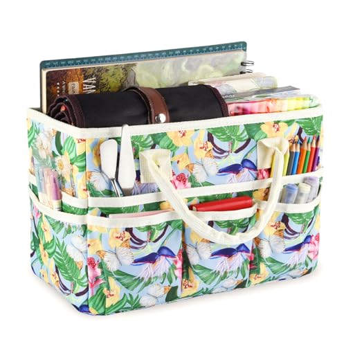 Craft Organizer Tote Bag with Multiple Pockets,Scrapbooking Art Storage - color: green flower clusters