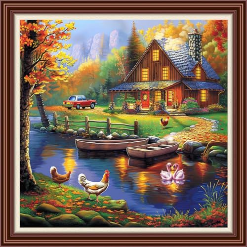 Dimensean Counted Cross Stitch Kit for Beginners, 11CT Unprinted Cross-Stitch Kit Easy Patterns Needlepoint Kit Cross Stitching Embroidery Kit Supplies-Beautiful Home of Sunset Glow 18x18 inch - color: DIYColor22