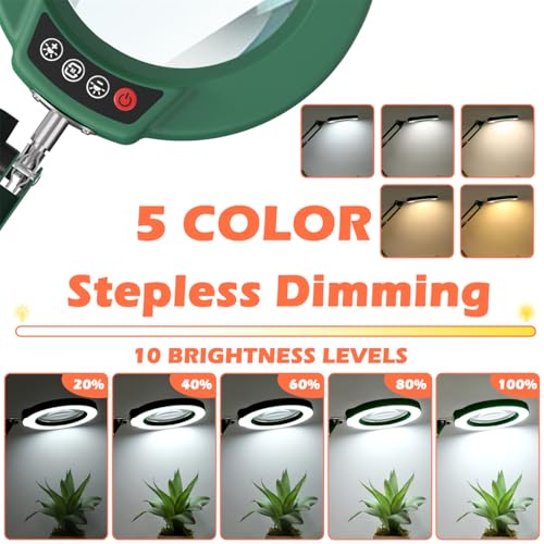 12X Magnifying Glass with Light and Stand, Real Glass Lens Desk Lamp, Lighted Magnifier with Light Stepless Dimming Hands Free for Craft, Reading, Painting, Sewing, Solder - Green - color: Green