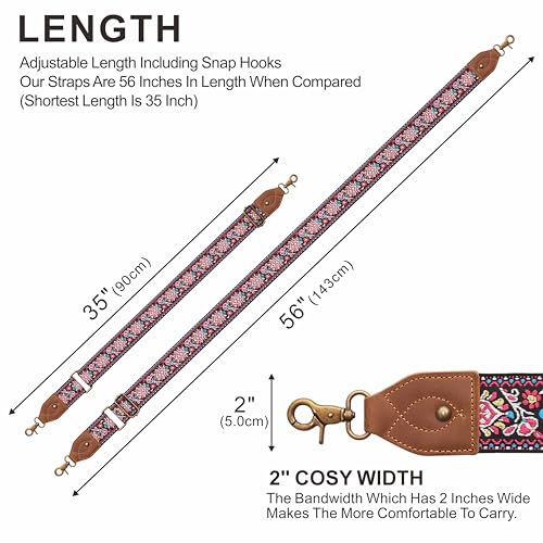 Nefelibata Banjo Strap,2"Wide Double Crazy Horse Leather Jacquard Embroidery Strap Adjustable Replacement,Multi-pattern Strap With Metal Clips - color: A#-embroidery Red