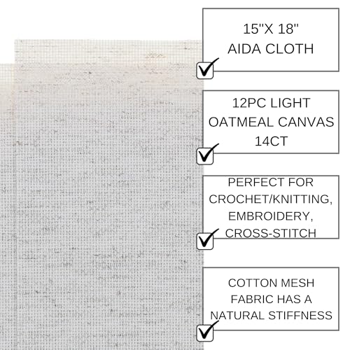 Essentials By Leisure Arts Aida Cloth, 14 Count, Light Oatmeal, 12pc, Cross Stitch Fabric, Embroidery Fabric, Cross Stitch Supplies for Crafting, Stitching, and Sewing Projects 15x18 - color: Lt Oatmeal 12pc