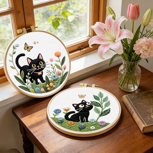 ERKOON Embroidery Kit for Beginners, 2 Set Flower Cross Stitch Set Include Embroidery Cloth Hoops Threads for Craft Lover Hand Stitch with Embroidery Skill Techniques (Cat) - color: Cat