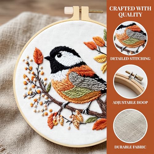 Huacan Embroidery Kit for Beginners Adults Includes Stamped Bird Pattern, Hoop, Color Threads,Tools,Easy to Follow Instruction