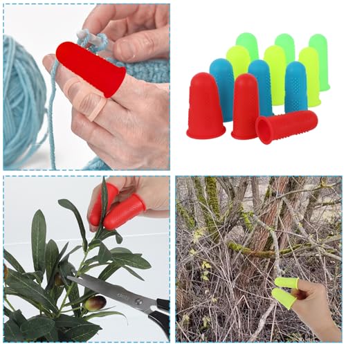 12 PCS Silicone Finger Protectors Covers, 3 Sizes Rubber Finger Tips Office Thumb Guard Sleeves Fingers Thimbles Cots for Hand Sewing Hot Glue Embroidery Cutting Ironing (Yellow Red Blue Green)