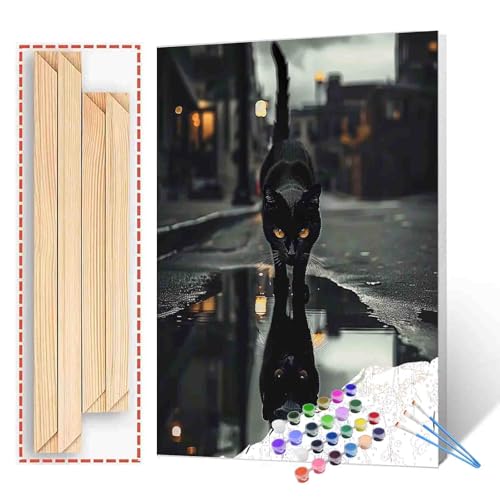 Paint by Numbers for Adult DIY Animal Reflection in Water Black Cat or Black Panther Canvas Oil Painting Kits Acrylic Watercolor Paint for Beginner Kids Home Wall Art Decor 16''W x 20''H(Manual Frame) - color: Art-07, size: 16''Wx20''H(DIY Frame)