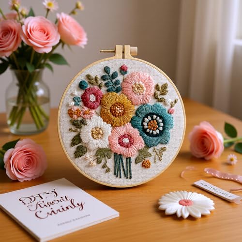 Embroidery Kit for Beginners & Adults Starter Kit, Cross Stitch Kits,DIY Hand Embroidery Needlepoint Set with Hoop, Pre-Printed Fabric, Threads and Instructions (Flower-2) - color: Flower-2