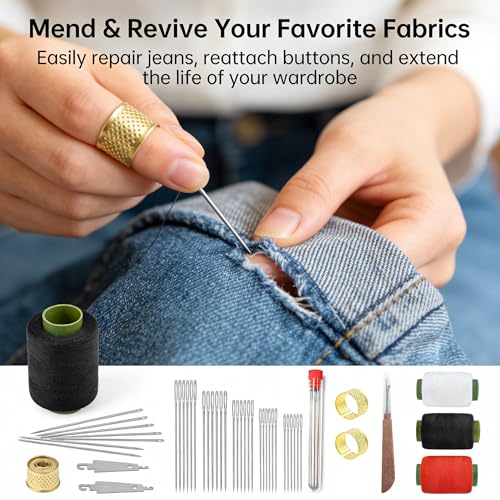 37 Pcs Stainless Steel Hand Sewing Needles Kit – Big Eye Easy-Threading Needles with Thread Ripper, Needle Threaders, Threads & Thimbles for DIY Craft