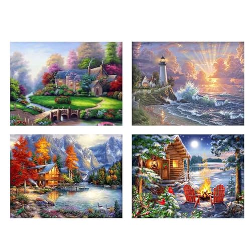 4 Pack Four Seasonal Scenery Stamped Cross Stitch Kits for Adults Beginners - color: 4 Pack Four Seasonal Landscape