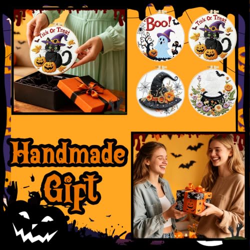 4 Sets Halloween Embroidery Kits for Beginners, Halloween Cross Stitch Kits - color: 4 Set Halloween