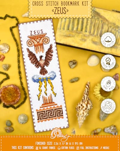 Povitrulya Cross Stitch Bookmark Kit Zeus – Counted DIY Embroidery Set for Adults & Beginners, Ancient Greek Mythology God of Thunder and Sky Needlework Gift - color: Zeus