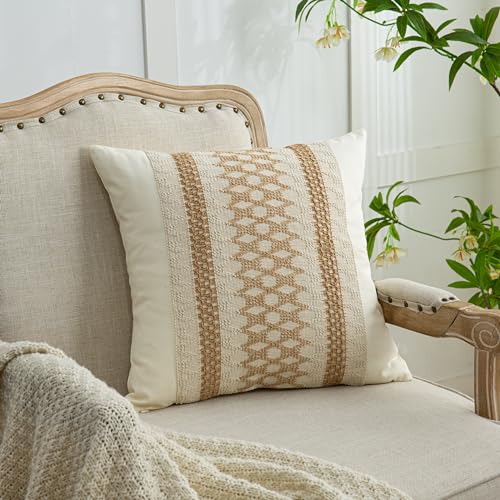 Throw Pillow Covers 16 x 16 Inch 1PC for Farmhouse Living Room, Cotton & Burlap Textured Striped Woven Boho Pillow Covers (Beige & Brown, Khaki Grid) - color: Khaki Grid, size: 16" x 16" (Pack of 1)