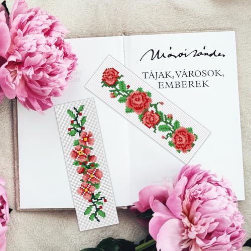 INFUNLY 6 Set Cross Stitch Bookmark Kit Rose Flower DIY Cross Stitch Kit 8"x2.4" Pre-Printed Sunflower Stamped Embroidery Bookmark with Instruction for Beginners Book Lovers Adults Craft Gift - style: Flowers