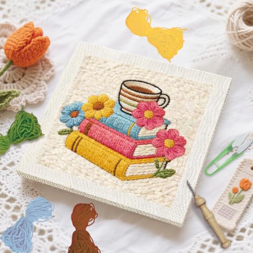 BEUNITONE Book and Flower Punch Needle Kit for Adults Beginners, Complete DIY Craft Embroidery Kits with Hoop, Punch Needle Starter Craft Set for Festival Gift and Home Decor 9.4x9.4in - color: 03-Book Flower