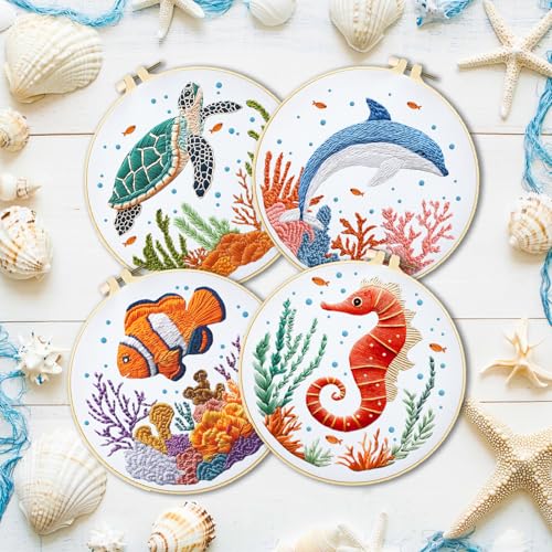 INFUNLY 4 Sets Whale Embroidery Kits for Beginners DIY Cross Stitch Starter Kits with Turtles Seahorses Patterns Fish Sea Animals Embroidery Kits with Instructions Embroidery Cloth Hoops Threads Tools - style: Marine animals
