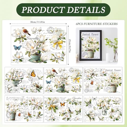 Wxiben 6 Pcs White Magnolia Rub on Transfers for Crafts and Furniture - style: White Magnolia
