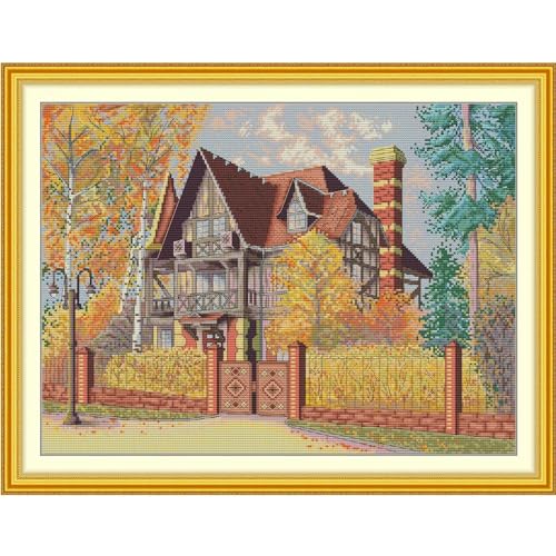 ITSTITCH Stamped Cross Stitch Kits - Full Set of Embroidery for Beginners or Adults,14 CT 2 Strands DIY Autumn Yard Patterns Counted Arts Craft 19.7×15 inch - color: Autumn Yard