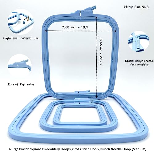 Nurge Square Embroidery Hoop - Plastic Cross Stitch Frame for Needlepoint & Embroidery - Adjustable Craft Hoop - Blue - No:3 (Medium) - color: Blue, size: No:3 (Medium)