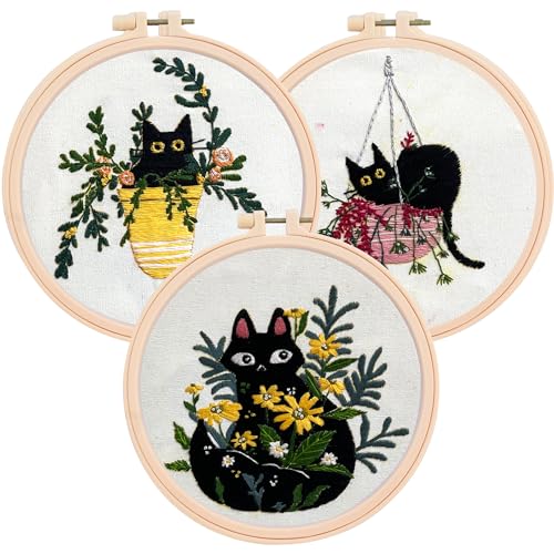 The ZenStore Embroidery Kit for Beginners – Black Cats & Kittens 3 Pattern Set – Complete DIY Needlepoint Kit with Hoops, Thread, Fabric, and Tools – Cute Animal Cat Embroidery Gift - color: Cats & kittens