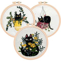 The ZenStore Embroidery Kit for Beginners – Black Cats & Kittens 3 Pattern Set – Complete DIY Needlepoint Kit with Hoops, Thread, Fabric, and Tools – Cute Animal Cat Embroidery Gift - color: Cats & kittens