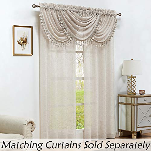Linen Waterfall Valance with White GEO Embroidery Semi Sheer, 56"x38"x1 - color: Linen (Embroidered), size: 56"W x 38"L (Pack of 1)