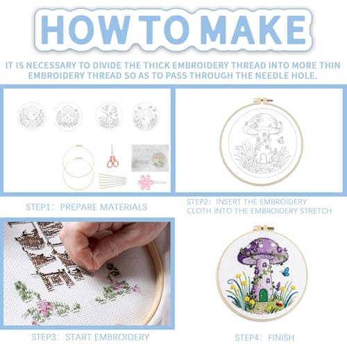 FREEBLOSS 5 Set Embroidery Kit Mushroom Pattern Stamped Embroidery Starter Kit with Step by Step Instructions, Colored Threads, 2 Hoops, Needlepoint Kits for Hand Craft Lovers Gift, 30cm/11.8inch