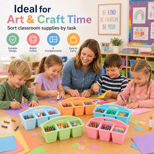 6 Pack Classroom Caddy with Handle, 6 Compartment (Pastel) - color: Pastel
