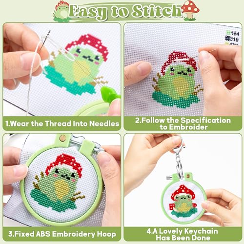 WATINC Beginners Embroidery Kits - 9PCS DIY Keychain with Mushroom Frog Cross Stitch Beginner Kit for Kids Needle Point Starter Kit Sewing Set with Instructions for Children Adults