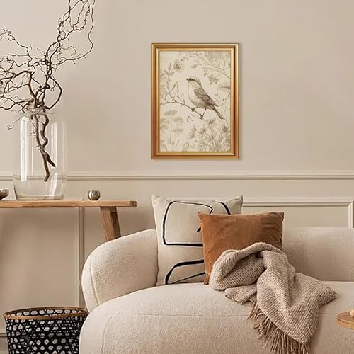 Wojuin Antique Style Sparrow Floral Etching Framed Canvas Wall Art 12x16 in - color: Sparrow, size: 16"L x 12"W