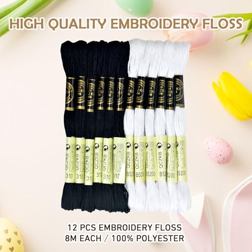 Premium Rainbow Color Embroidery Floss - Cross Stitch Threads - Friendship Bracelets Floss - Crafts Floss - 12 Skeins Per Pack Embroidery Floss,White Black - color: white black