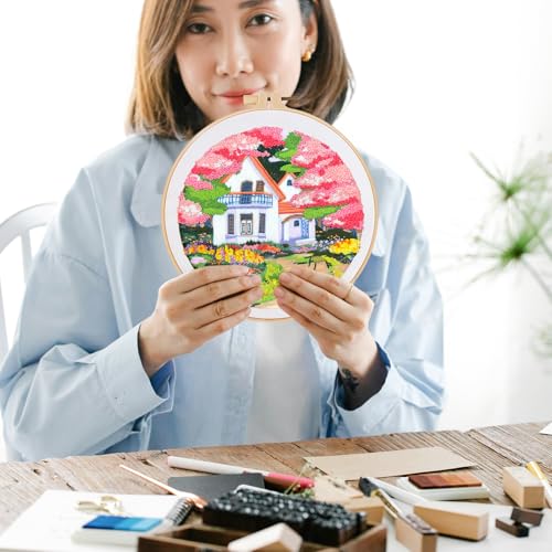 FONNUY Embroidery Kit for Beginners, Boho Nature Landscape Pre-Stamped Pattern Kits for Adults with Hoop, Easy to Follow Color Thread Needlework, 8'' Hoop (Flower House) - color: Flower House