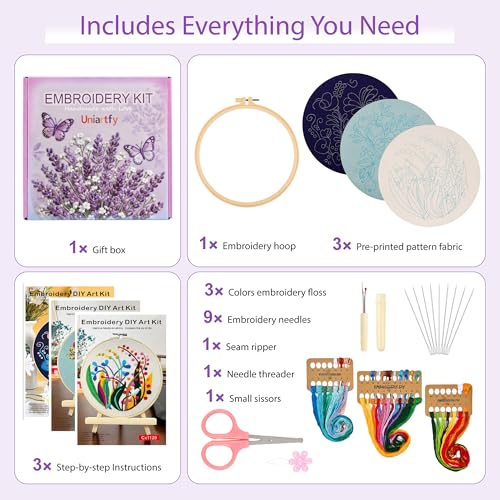 Uniartfy 3 Pack Embroidery Starter Kit for Beginners, Stamped Cross Stitch Kits for Adults with Flowers Plants and Fruits Patterns with 1 Embroidery Hoop and Color Threads, Handmade Needlepoint Kits - color: Embroidery Kit-J