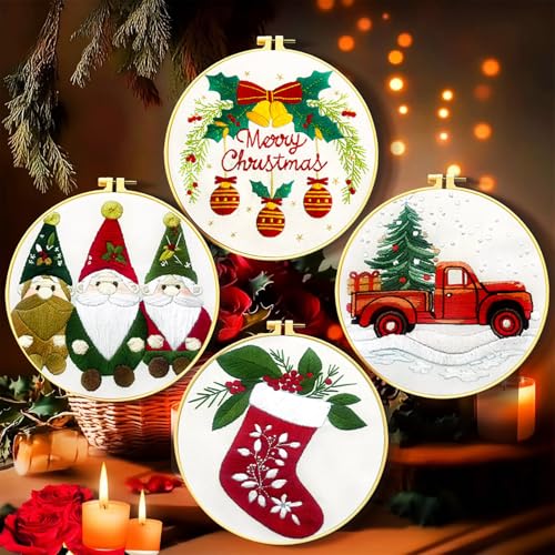 Zhenqing Christmas Embroidery Kit for Beginners - 4 Piece 29x29cm Round Hoop Art with Pre-Printed Cotton Fabric, Embroidery Hoop, Threads & Tools (Merry Christmas, Stocking, Truck, Gnomes) - style: Merry Christmas+Stocking +Truck+Gnomes
